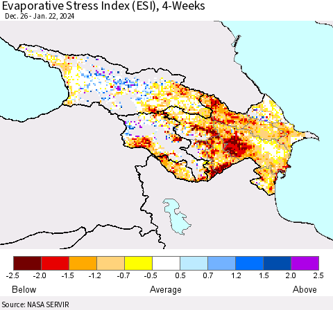 Azerbaijan, Armenia and Georgia Evaporative Stress Index (ESI), 4-Weeks Thematic Map For 1/22/2024 - 1/28/2024