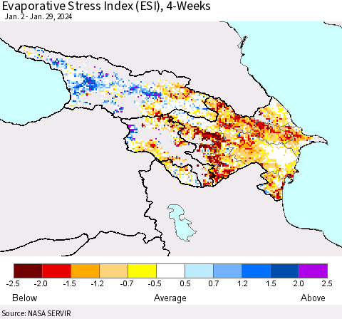 Azerbaijan, Armenia and Georgia Evaporative Stress Index (ESI), 4-Weeks Thematic Map For 1/29/2024 - 2/4/2024