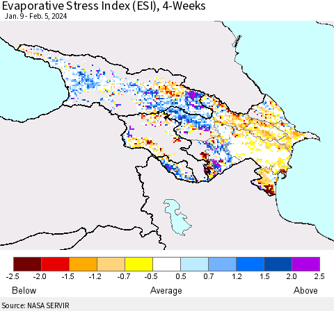 Azerbaijan, Armenia and Georgia Evaporative Stress Index (ESI), 4-Weeks Thematic Map For 2/5/2024 - 2/11/2024
