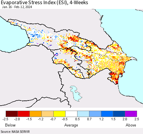Azerbaijan, Armenia and Georgia Evaporative Stress Index (ESI), 4-Weeks Thematic Map For 2/12/2024 - 2/18/2024
