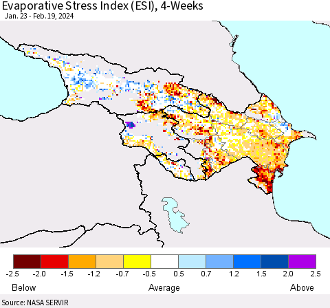 Azerbaijan, Armenia and Georgia Evaporative Stress Index (ESI), 4-Weeks Thematic Map For 2/19/2024 - 2/25/2024