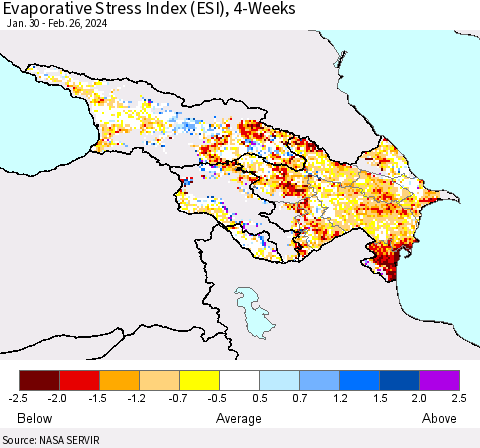 Azerbaijan, Armenia and Georgia Evaporative Stress Index (ESI), 4-Weeks Thematic Map For 2/26/2024 - 3/3/2024