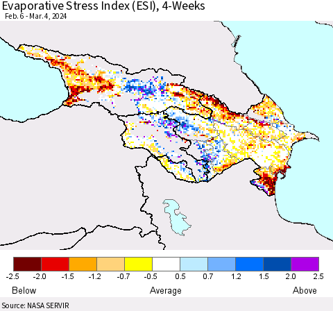 Azerbaijan, Armenia and Georgia Evaporative Stress Index (ESI), 4-Weeks Thematic Map For 3/4/2024 - 3/10/2024