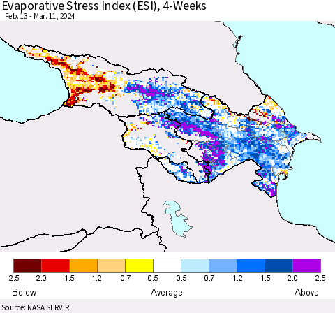Azerbaijan, Armenia and Georgia Evaporative Stress Index (ESI), 4-Weeks Thematic Map For 3/11/2024 - 3/17/2024