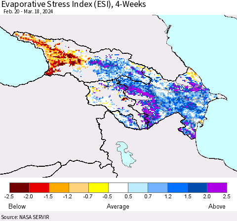 Azerbaijan, Armenia and Georgia Evaporative Stress Index (ESI), 4-Weeks Thematic Map For 3/18/2024 - 3/24/2024