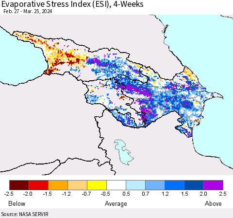 Azerbaijan, Armenia and Georgia Evaporative Stress Index (ESI), 4-Weeks Thematic Map For 3/25/2024 - 3/31/2024