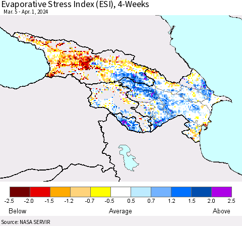 Azerbaijan, Armenia and Georgia Evaporative Stress Index (ESI), 4-Weeks Thematic Map For 4/1/2024 - 4/7/2024