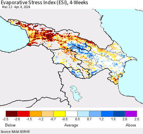 Azerbaijan, Armenia and Georgia Evaporative Stress Index (ESI), 4-Weeks Thematic Map For 4/8/2024 - 4/14/2024
