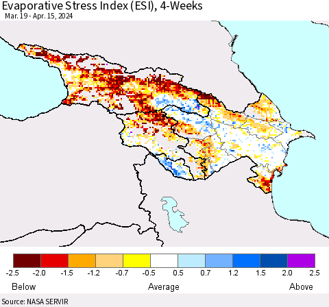 Azerbaijan, Armenia and Georgia Evaporative Stress Index (ESI), 4-Weeks Thematic Map For 4/15/2024 - 4/21/2024