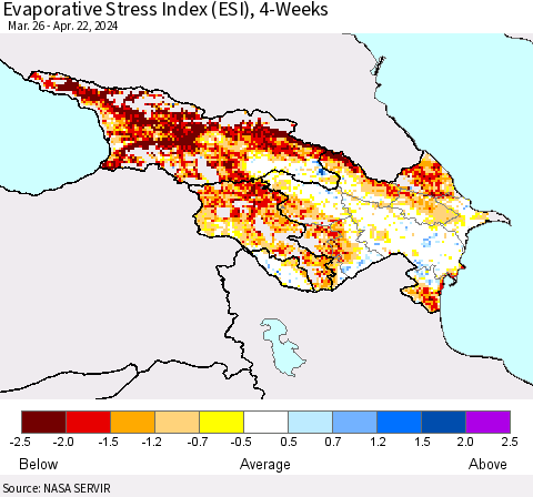 Azerbaijan, Armenia and Georgia Evaporative Stress Index (ESI), 4-Weeks Thematic Map For 4/22/2024 - 4/28/2024