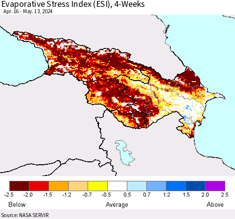 Azerbaijan, Armenia and Georgia Evaporative Stress Index (ESI), 4-Weeks Thematic Map For 5/13/2024 - 5/19/2024