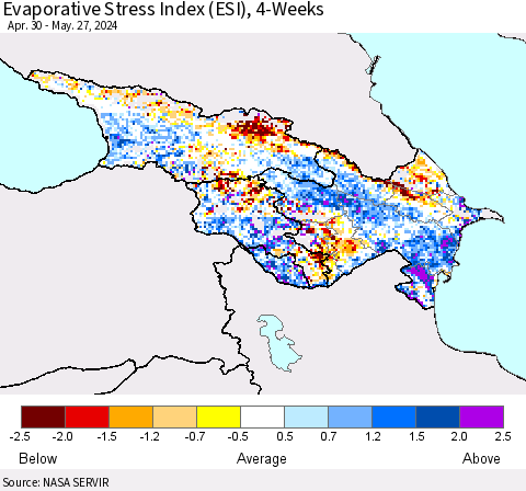 Azerbaijan, Armenia and Georgia Evaporative Stress Index (ESI), 4-Weeks Thematic Map For 5/27/2024 - 6/2/2024