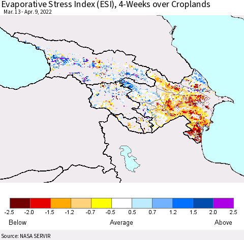 Azerbaijan, Armenia and Georgia Evaporative Stress Index (ESI), 4-Weeks over Croplands Thematic Map For 4/4/2022 - 4/10/2022