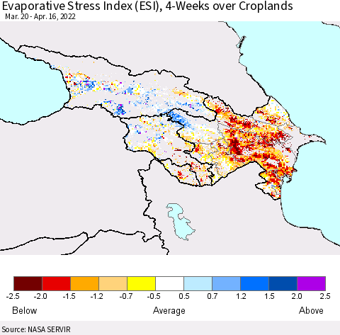 Azerbaijan, Armenia and Georgia Evaporative Stress Index (ESI), 4-Weeks over Croplands Thematic Map For 4/11/2022 - 4/17/2022