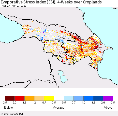 Azerbaijan, Armenia and Georgia Evaporative Stress Index (ESI), 4-Weeks over Croplands Thematic Map For 4/18/2022 - 4/24/2022