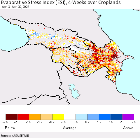 Azerbaijan, Armenia and Georgia Evaporative Stress Index (ESI), 4-Weeks over Croplands Thematic Map For 4/25/2022 - 5/1/2022