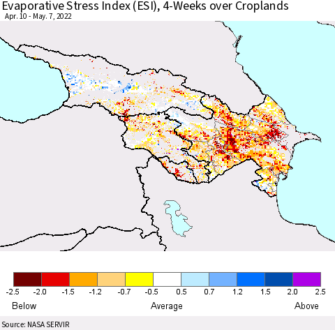 Azerbaijan, Armenia and Georgia Evaporative Stress Index (ESI), 4-Weeks over Croplands Thematic Map For 5/2/2022 - 5/8/2022