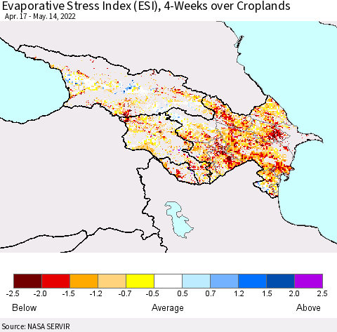 Azerbaijan, Armenia and Georgia Evaporative Stress Index (ESI), 4-Weeks over Croplands Thematic Map For 5/9/2022 - 5/15/2022