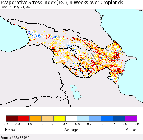 Azerbaijan, Armenia and Georgia Evaporative Stress Index (ESI), 4-Weeks over Croplands Thematic Map For 5/16/2022 - 5/22/2022