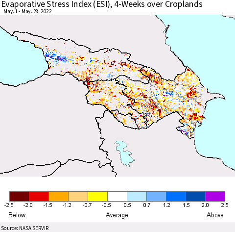 Azerbaijan, Armenia and Georgia Evaporative Stress Index (ESI), 4-Weeks over Croplands Thematic Map For 5/23/2022 - 5/29/2022