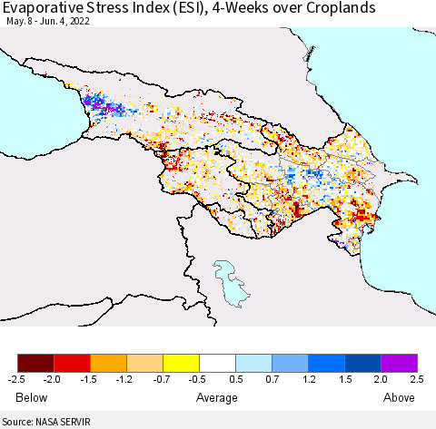 Azerbaijan, Armenia and Georgia Evaporative Stress Index (ESI), 4-Weeks over Croplands Thematic Map For 5/30/2022 - 6/5/2022