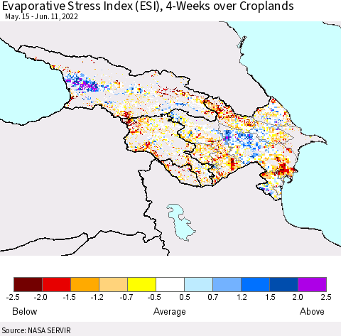 Azerbaijan, Armenia and Georgia Evaporative Stress Index (ESI), 4-Weeks over Croplands Thematic Map For 6/6/2022 - 6/12/2022