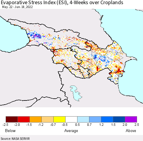 Azerbaijan, Armenia and Georgia Evaporative Stress Index (ESI), 4-Weeks over Croplands Thematic Map For 6/13/2022 - 6/19/2022