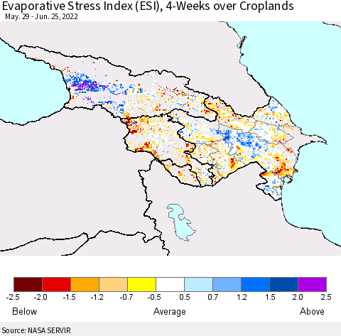 Azerbaijan, Armenia and Georgia Evaporative Stress Index (ESI), 4-Weeks over Croplands Thematic Map For 6/20/2022 - 6/26/2022