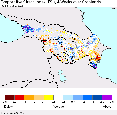Azerbaijan, Armenia and Georgia Evaporative Stress Index (ESI), 4-Weeks over Croplands Thematic Map For 6/27/2022 - 7/3/2022