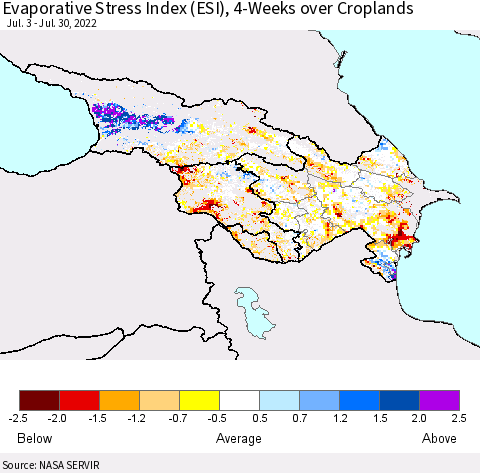 Azerbaijan, Armenia and Georgia Evaporative Stress Index (ESI), 4-Weeks over Croplands Thematic Map For 7/25/2022 - 7/31/2022
