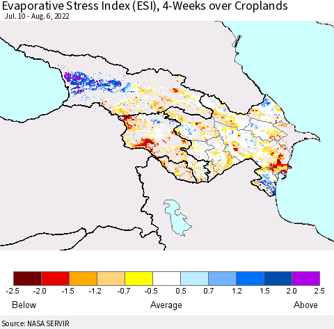 Azerbaijan, Armenia and Georgia Evaporative Stress Index (ESI), 4-Weeks over Croplands Thematic Map For 8/1/2022 - 8/7/2022
