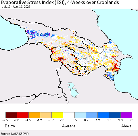 Azerbaijan, Armenia and Georgia Evaporative Stress Index (ESI), 4-Weeks over Croplands Thematic Map For 8/8/2022 - 8/14/2022