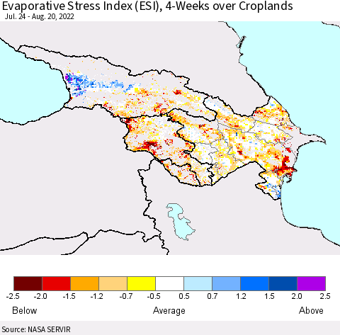 Azerbaijan, Armenia and Georgia Evaporative Stress Index (ESI), 4-Weeks over Croplands Thematic Map For 8/15/2022 - 8/21/2022