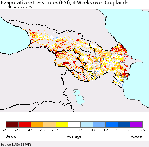 Azerbaijan, Armenia and Georgia Evaporative Stress Index (ESI), 4-Weeks over Croplands Thematic Map For 8/22/2022 - 8/28/2022
