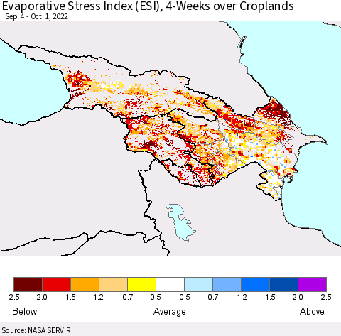 Azerbaijan, Armenia and Georgia Evaporative Stress Index (ESI), 4-Weeks over Croplands Thematic Map For 9/26/2022 - 10/2/2022