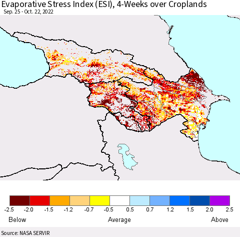 Azerbaijan, Armenia and Georgia Evaporative Stress Index (ESI), 4-Weeks over Croplands Thematic Map For 10/17/2022 - 10/23/2022
