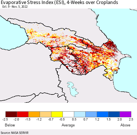 Azerbaijan, Armenia and Georgia Evaporative Stress Index (ESI), 4-Weeks over Croplands Thematic Map For 10/31/2022 - 11/6/2022