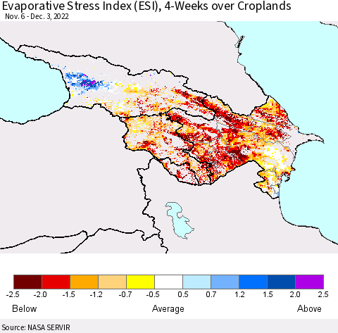 Azerbaijan, Armenia and Georgia Evaporative Stress Index (ESI), 4-Weeks over Croplands Thematic Map For 11/28/2022 - 12/4/2022