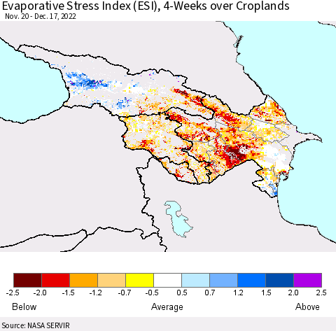 Azerbaijan, Armenia and Georgia Evaporative Stress Index (ESI), 4-Weeks over Croplands Thematic Map For 12/12/2022 - 12/18/2022