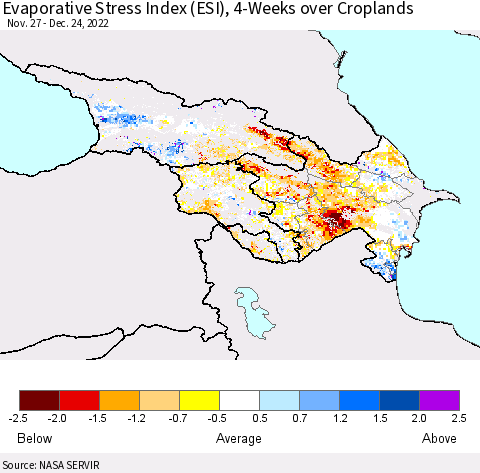 Azerbaijan, Armenia and Georgia Evaporative Stress Index (ESI), 4-Weeks over Croplands Thematic Map For 12/19/2022 - 12/25/2022
