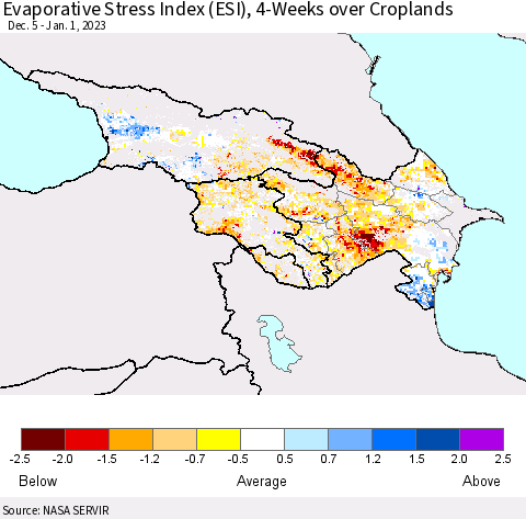 Azerbaijan, Armenia and Georgia Evaporative Stress Index (ESI), 4-Weeks over Croplands Thematic Map For 12/26/2022 - 1/1/2023