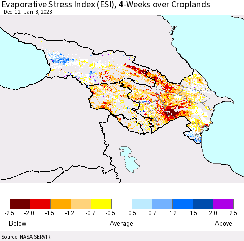 Azerbaijan, Armenia and Georgia Evaporative Stress Index (ESI), 4-Weeks over Croplands Thematic Map For 1/2/2023 - 1/8/2023