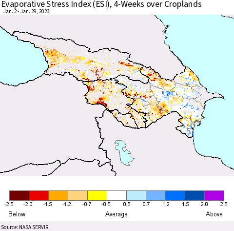 Azerbaijan, Armenia and Georgia Evaporative Stress Index (ESI), 4-Weeks over Croplands Thematic Map For 1/23/2023 - 1/29/2023