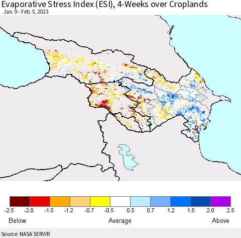 Azerbaijan, Armenia and Georgia Evaporative Stress Index (ESI), 4-Weeks over Croplands Thematic Map For 1/30/2023 - 2/5/2023