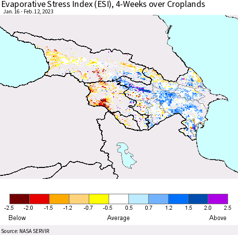 Azerbaijan, Armenia and Georgia Evaporative Stress Index (ESI), 4-Weeks over Croplands Thematic Map For 2/6/2023 - 2/12/2023