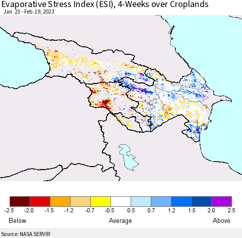 Azerbaijan, Armenia and Georgia Evaporative Stress Index (ESI), 4-Weeks over Croplands Thematic Map For 2/13/2023 - 2/19/2023