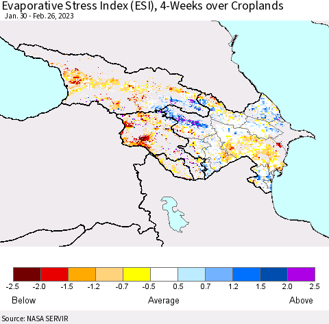Azerbaijan, Armenia and Georgia Evaporative Stress Index (ESI), 4-Weeks over Croplands Thematic Map For 2/20/2023 - 2/26/2023
