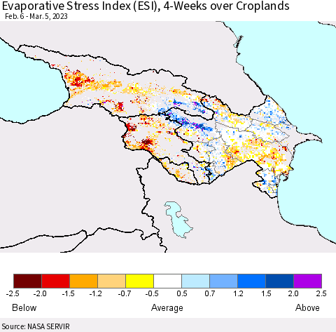 Azerbaijan, Armenia and Georgia Evaporative Stress Index (ESI), 4-Weeks over Croplands Thematic Map For 2/27/2023 - 3/5/2023