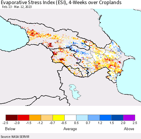Azerbaijan, Armenia and Georgia Evaporative Stress Index (ESI), 4-Weeks over Croplands Thematic Map For 3/6/2023 - 3/12/2023