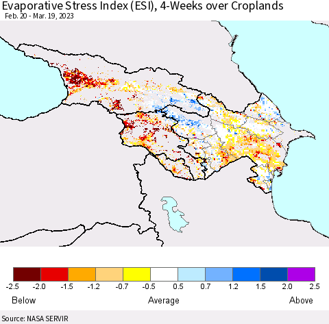 Azerbaijan, Armenia and Georgia Evaporative Stress Index (ESI), 4-Weeks over Croplands Thematic Map For 3/13/2023 - 3/19/2023